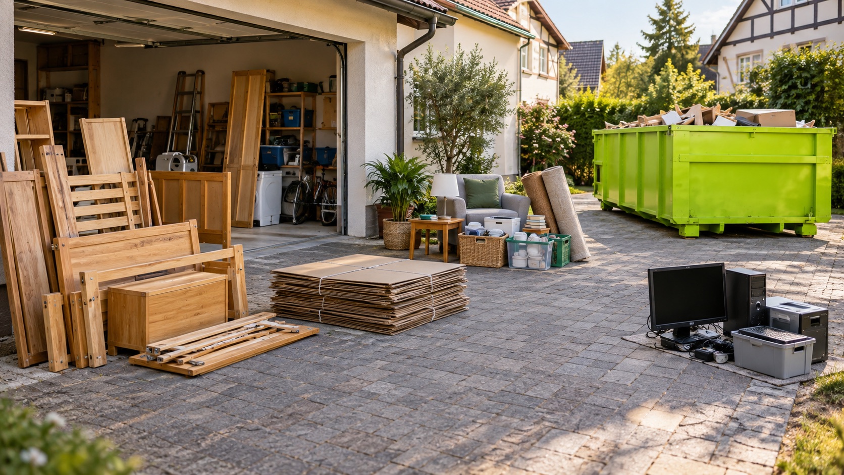 Meubles, cartons et équipements triés avant un débarras avec une benne verte